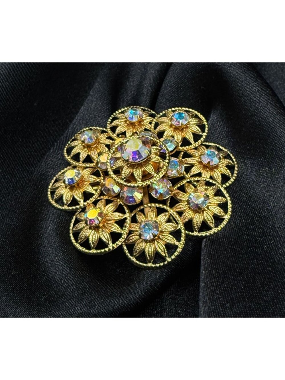 Vintage Late 1950s-1960s Gold Filigree Floral Brooch With Aurora Borealis Rhines